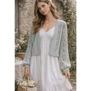 Y2K Abercrombie & Fitch Cottagecore Crop Crochet Knit Cardigan M Teal Romantic